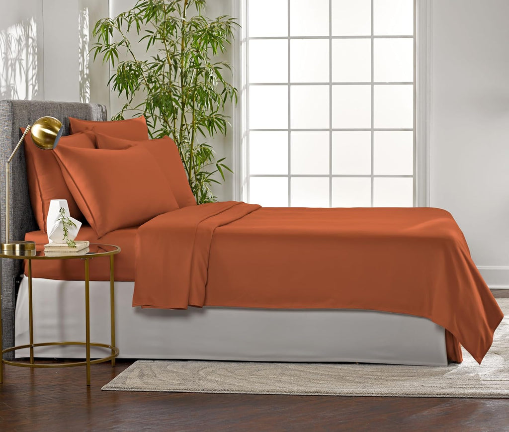 Pure Bamboo Queen Sheets - Luxuriously Soft & Cooling 100% Organic Viscose Bed Sheet Set | Terracotta, Double Stitching