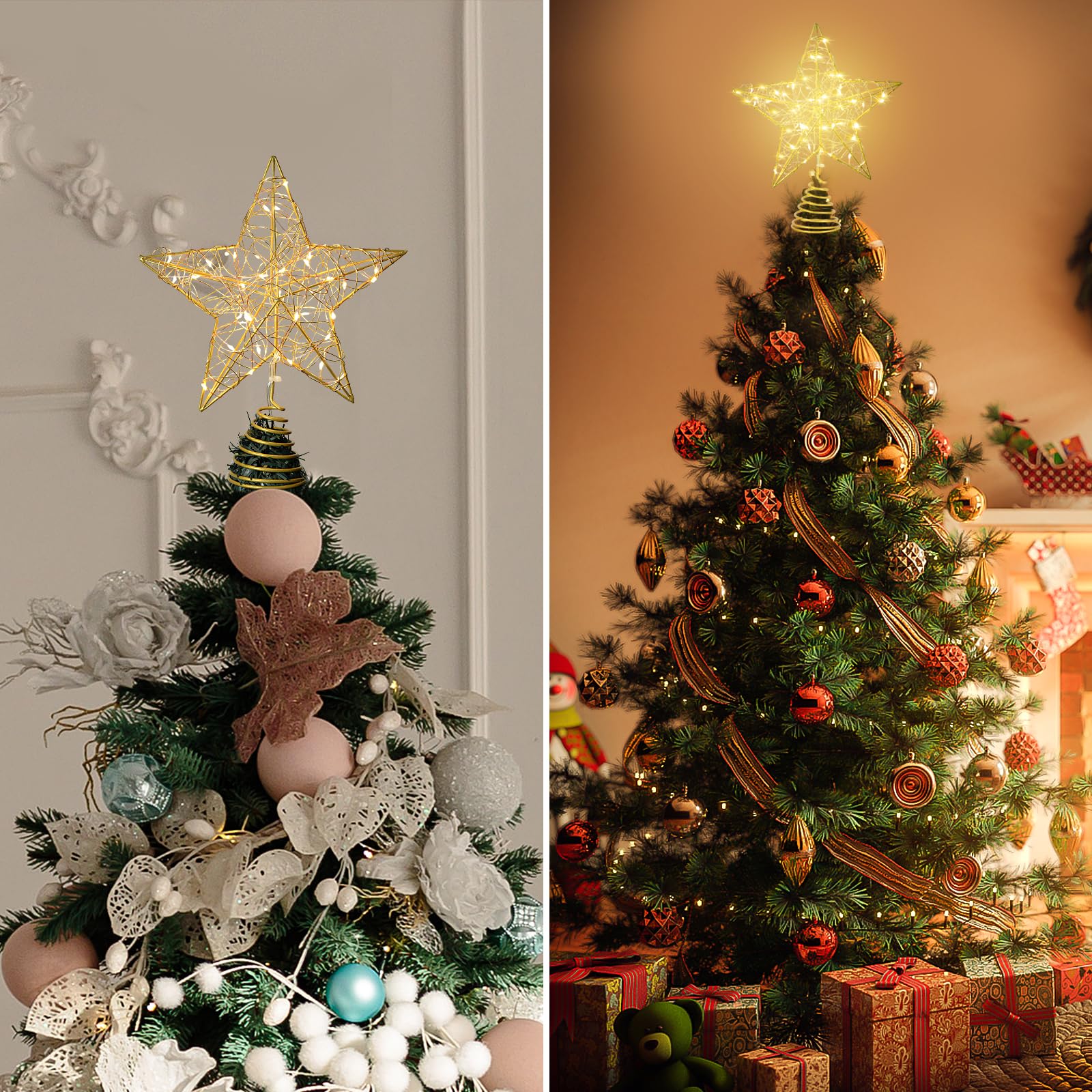 Verdenu 10'' Christmas Tree Topper Lighted in 8 Modes, Christmas Star Tree Topper with 40 LED Lights, Metal Star Tree Topper with Remote Control for Christmas Decorations, Home Decorations (Gold)