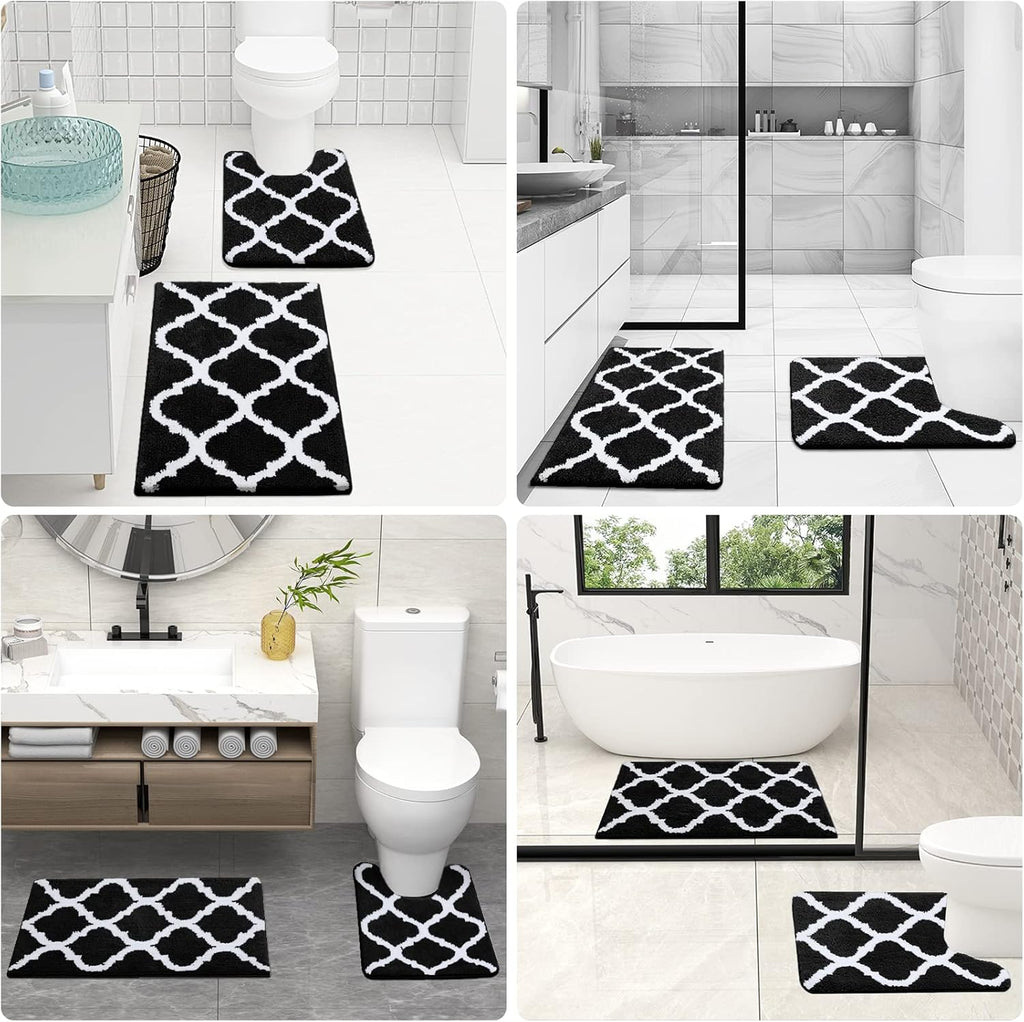 OLANLY Bathroom Rugs Set - 2-Piece Microfiber Bath Mat & U-Shaped Toilet Rug | Non-Slip, Machine Washable, Black (30"x20" + 24"x20")