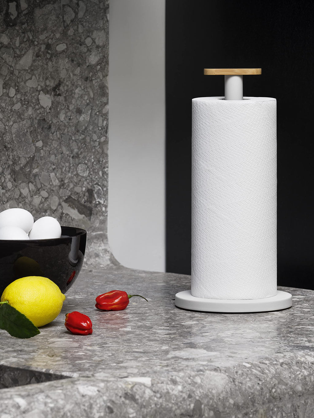 Alessi Mattina BG05 WG - Design Kitchen Roll Holder, in Colored Steel with Epoxy Resin and Knob in Bamboo Wood, Warm Gray