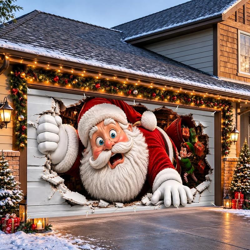 7x16 Ft Christmas Garage Door Banner - 3D Santa Breaking Through, Large Indoor/Outdoor Holiday Backdrop - Variation: Funny Stuck Santa