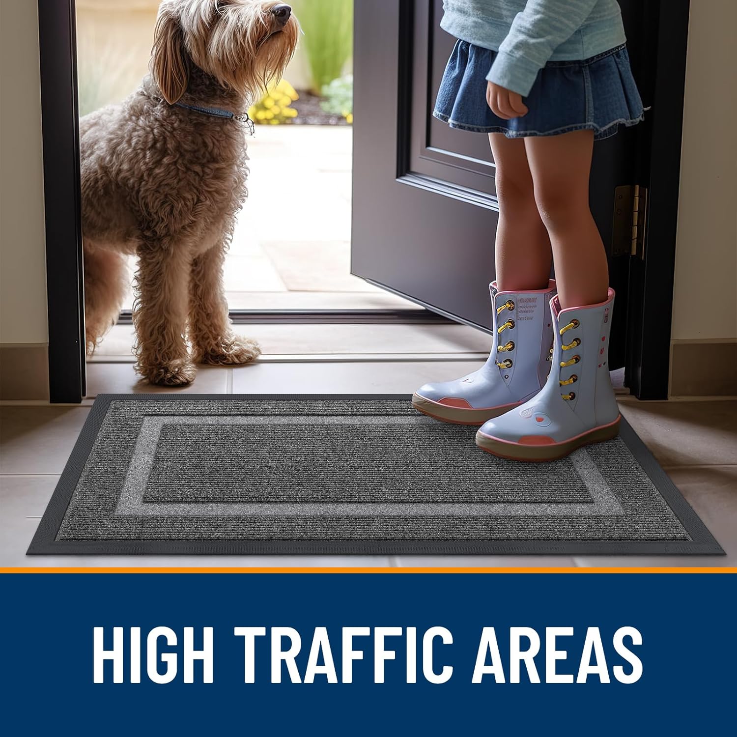 OLANLY Indoor Outdoor Front Door Mat - Waterproof All-Season Doormat, Sturdy Rubber, 47x17, Dark Grey