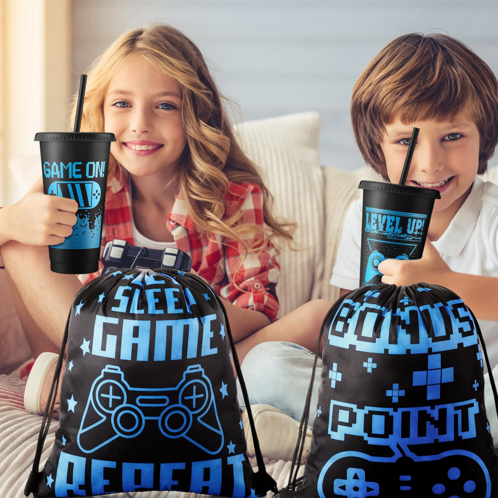 Mifoci 24 Pcs Video Game Party Favors, 12 Video Game Plastic Cups with Lids and Straws and 12 Drawstring Backpack, 24oz Reusable Tumble Bag for Gaming Party(Blue, Black)