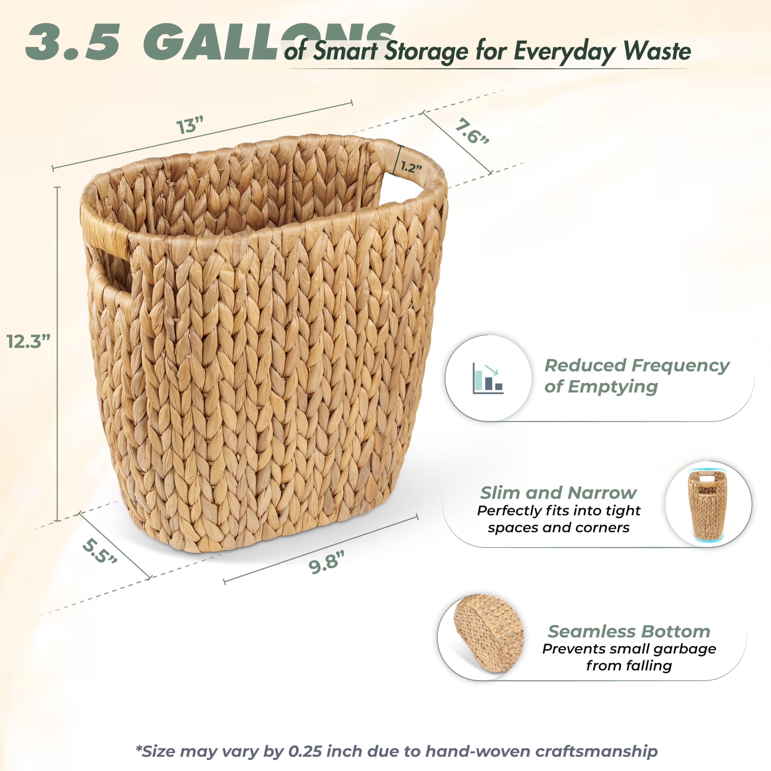 BLUEWEST 3.5 Gallons Wicker Trash Can, Wicker Rattan Bathroom Trash Can with Built-in Handle, Large Handwoven Hyacinth Waste Bin for Office, Bedroom, Living Room, and Kitchen