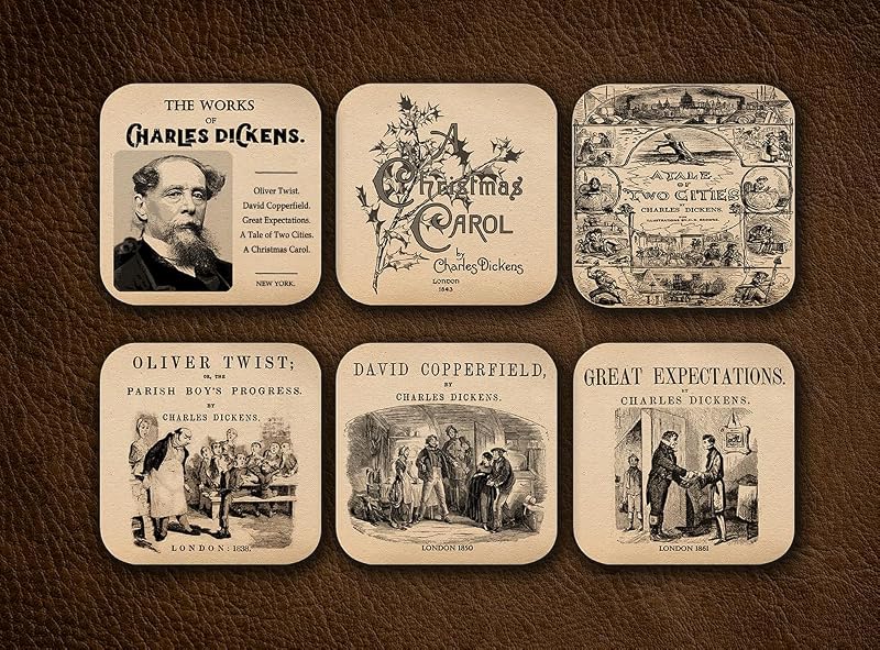 Six Dickens Coasters Set - Oliver Twist & Other Classic Novel Designs, 4" Square