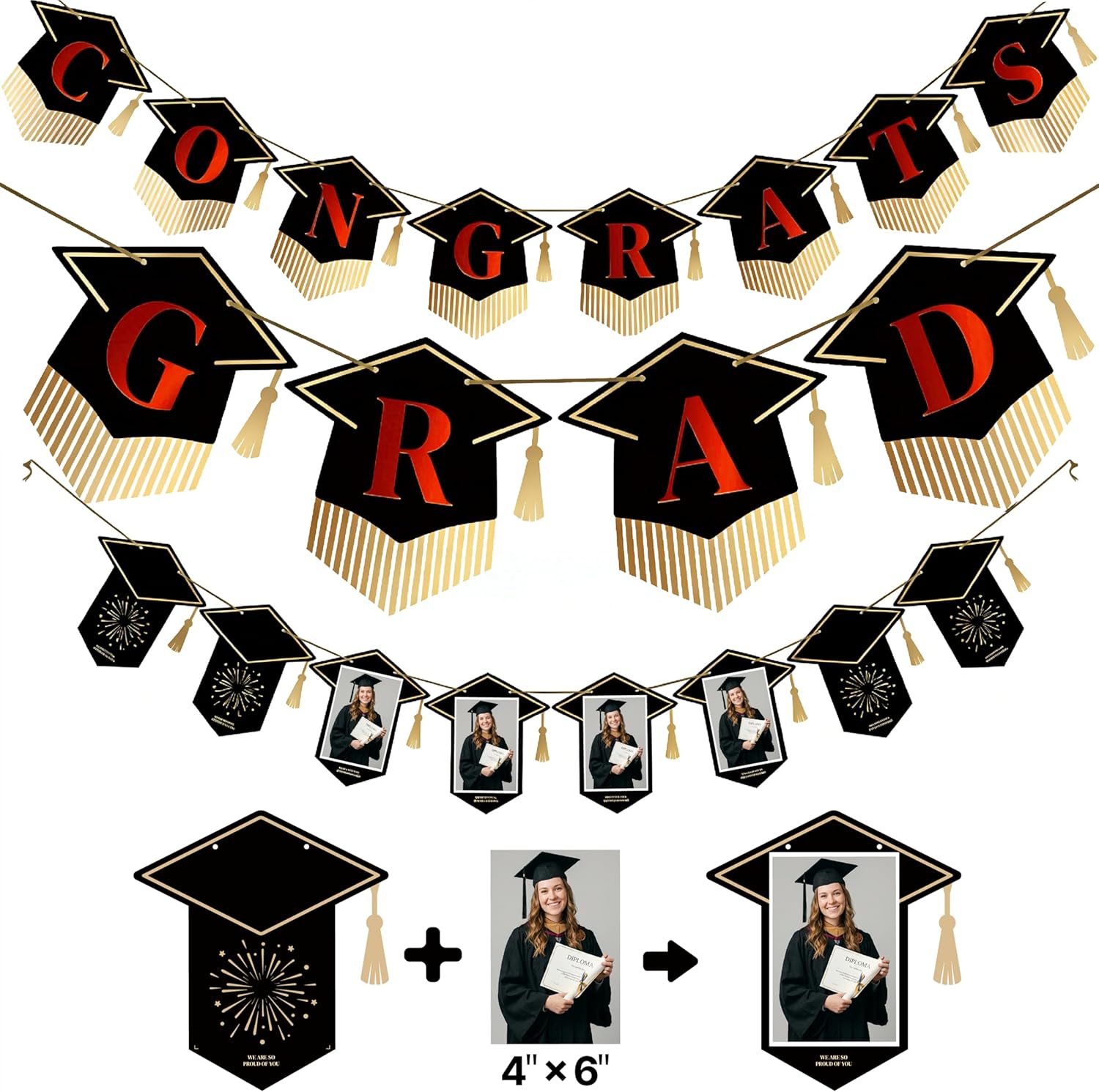 PartyWoo Graduation Banner - Class of 2026 Black and Red Decorations | 2-Piece Hanging Congrats Grad Set