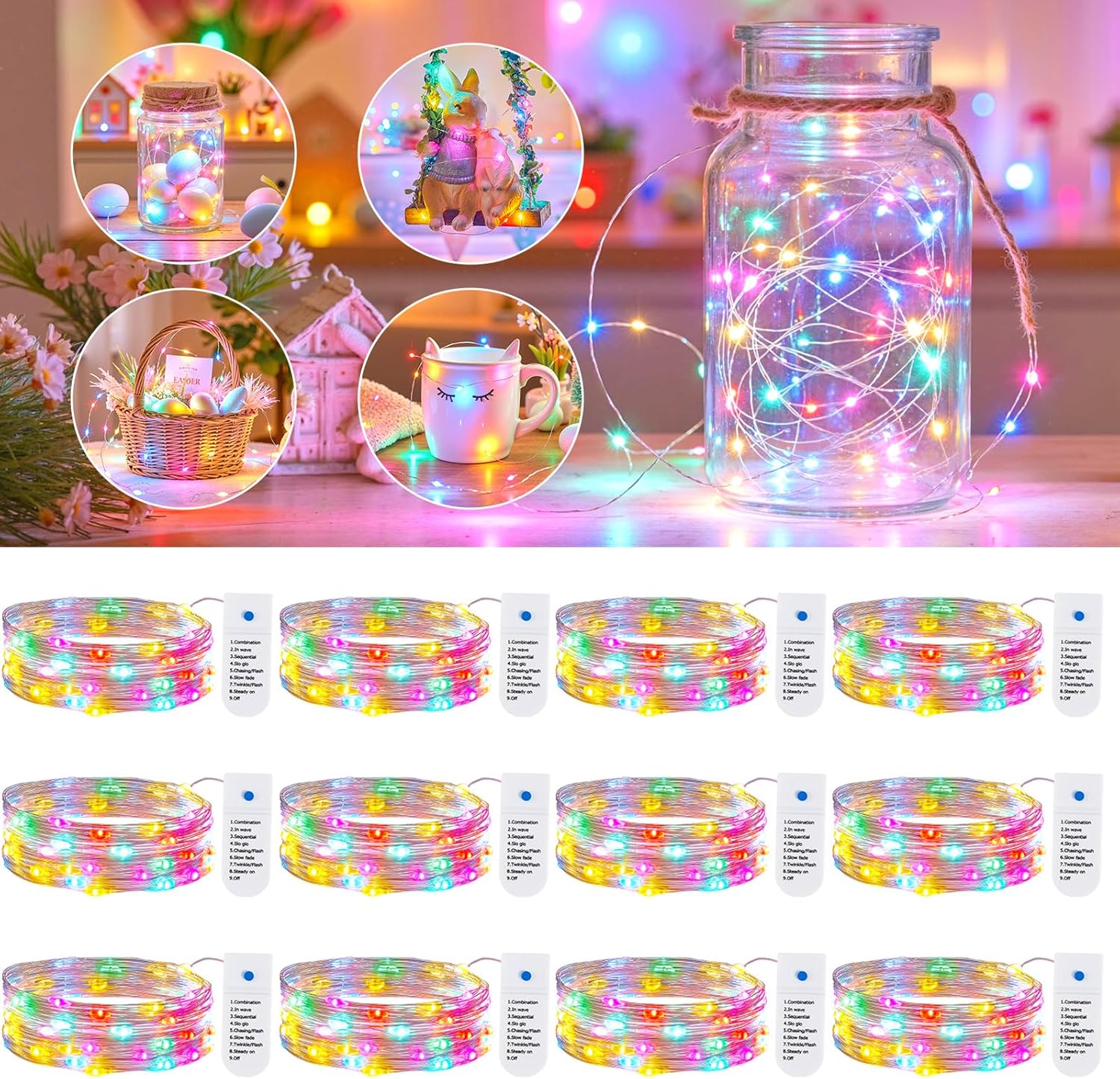 Minetom 12 Pack Pastel Christmas Lights - 7ft Battery Operated LED Fairy String Lights | Waterproof Easter Decor