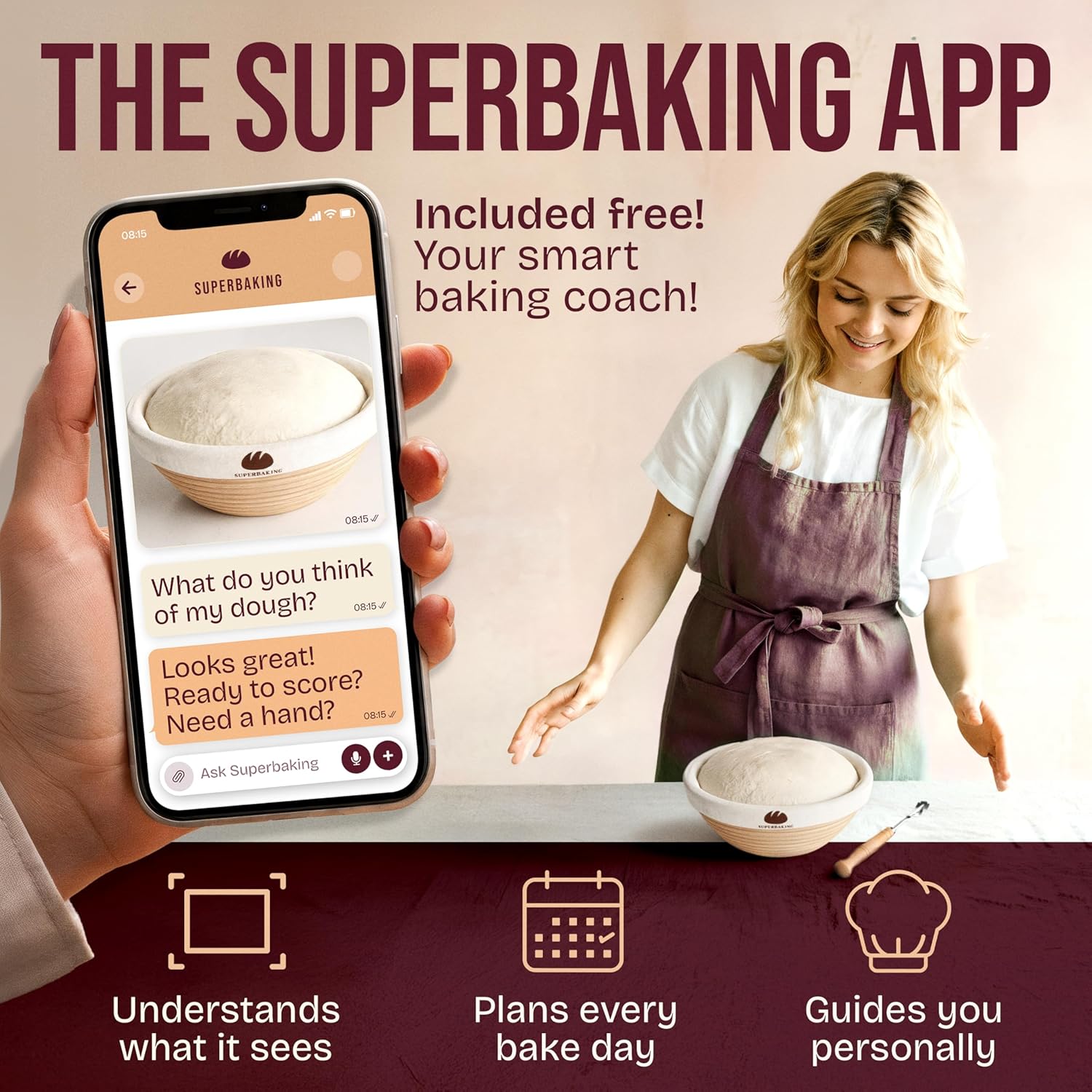 Superbaking Sourdough Starter Kit - 9" Round Banneton Bread Proofing Basket Set with Silicone Sling
