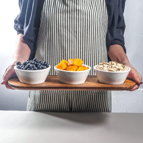 Artena 10oz Ultra-Fine Porcelain Chips and Dip Platter - Acacia Wooden Tray & 4.75-Inch Bowls for Entertaining