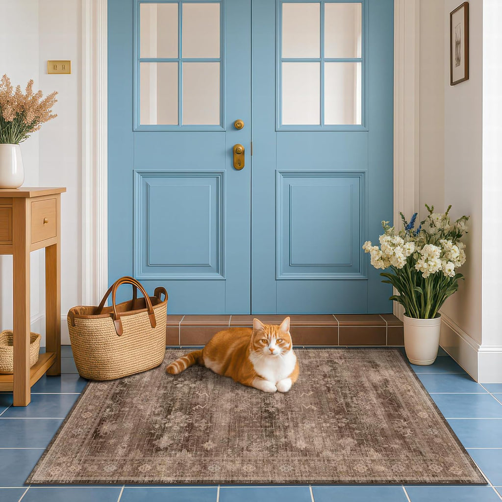 Boho Taupe Brown 3x5 Area Rug - Washable Low Pile Non-Slip Design for Entryway, Kitchen & Laundry