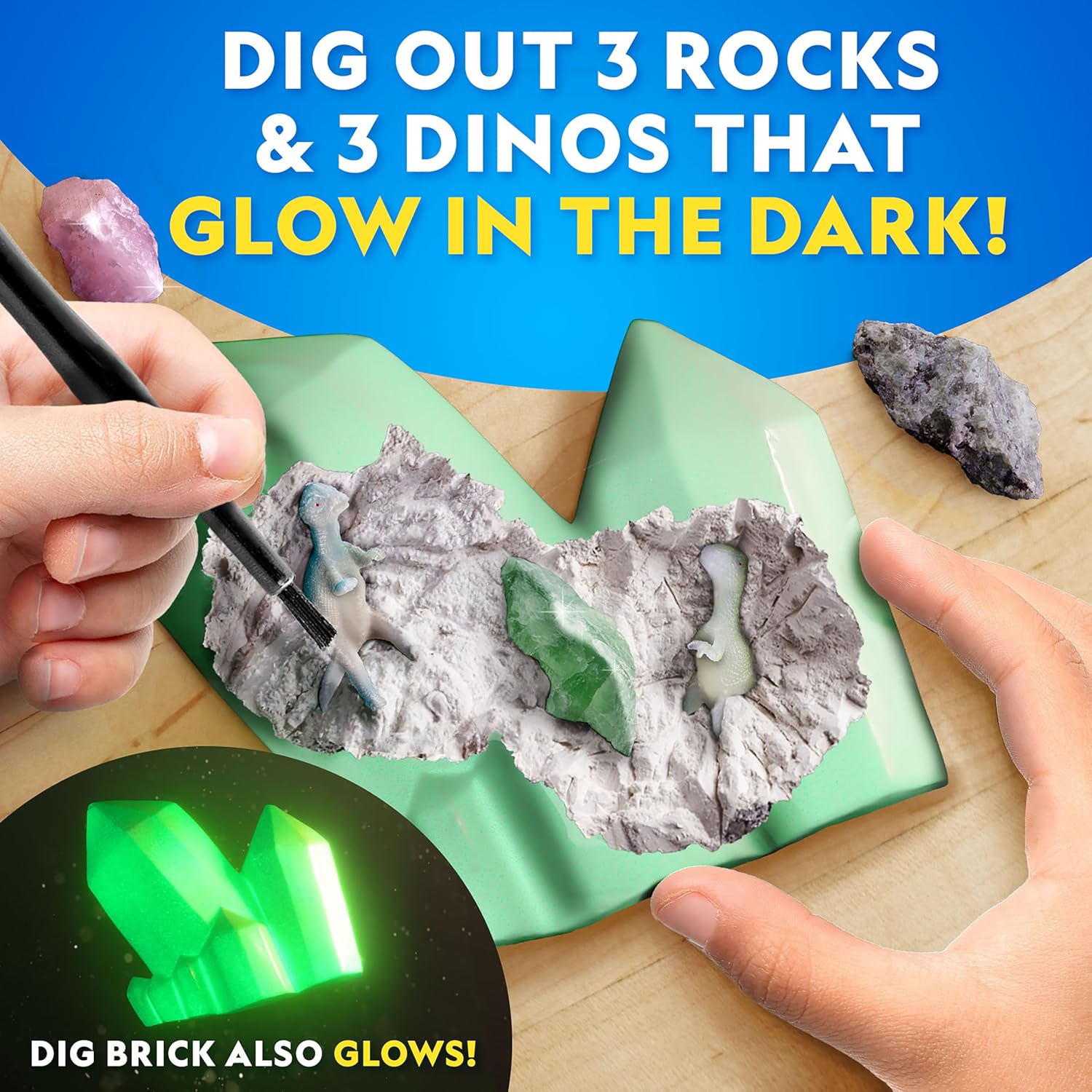 National Geographic Glow In The Dark Dig Kit - Excavate 6 Glowing Rocks & Dinosaurs | STEM Science Kit for Kids