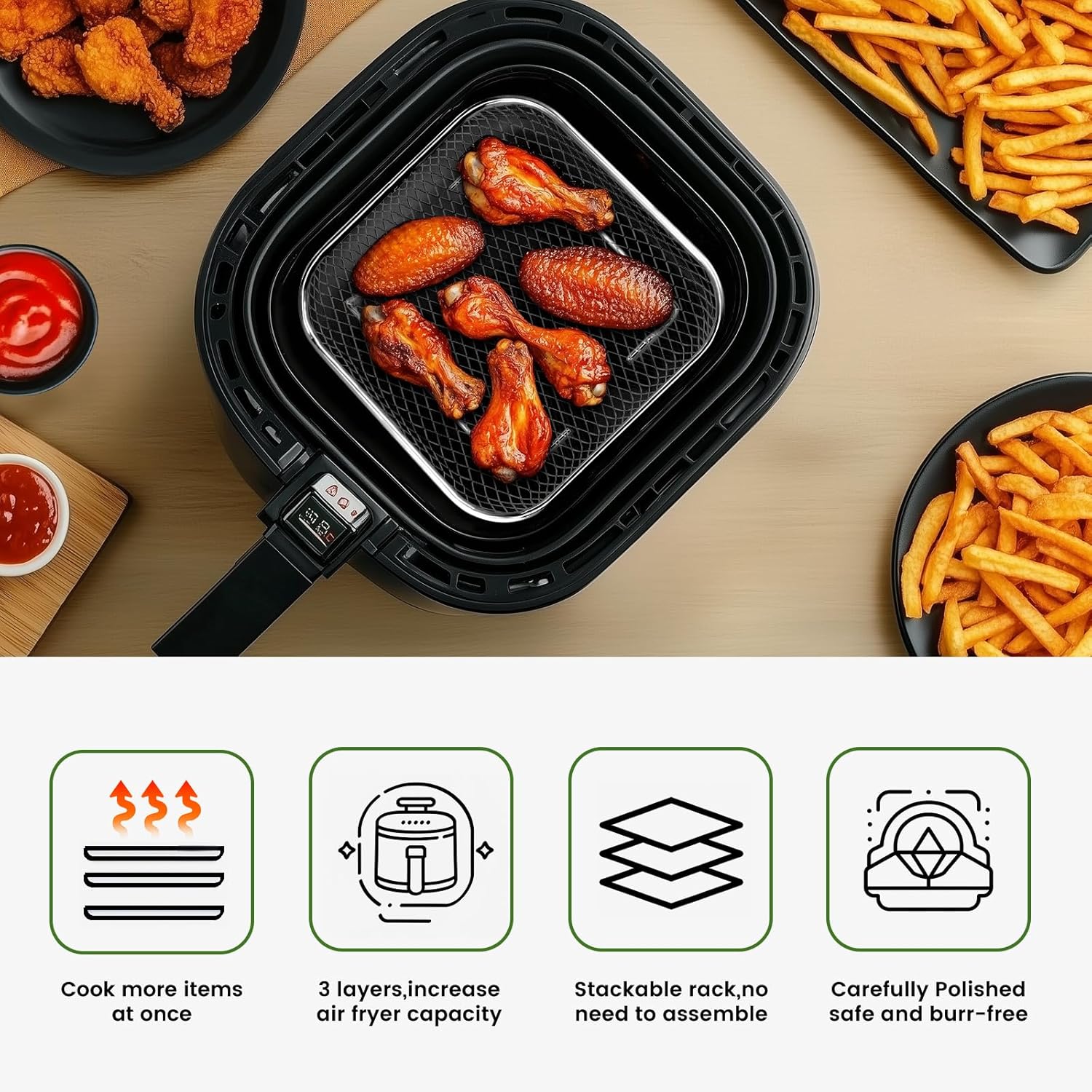Square Air Fryer Rack - Stackable Stainless Steel Dehydrator Racks for 6-8 QT Air Fryers | Compatible with Cosori, Instant Vortex, Ninja Foodi