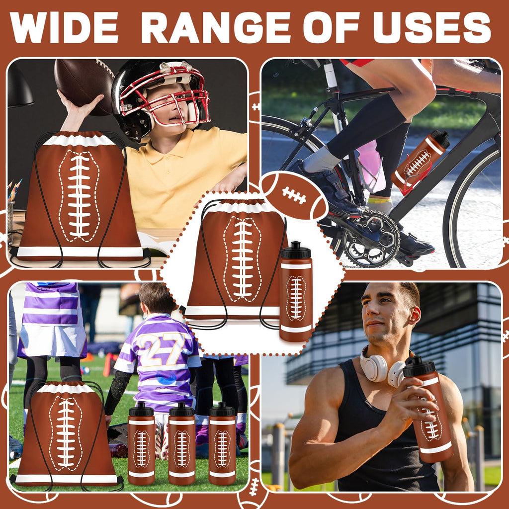Denylo pro 24 Sets Football Water Bottle with Football Drawstring Bag Set Plastic Brown Water Bottles for Rugby Player Sport Gym Party Favor