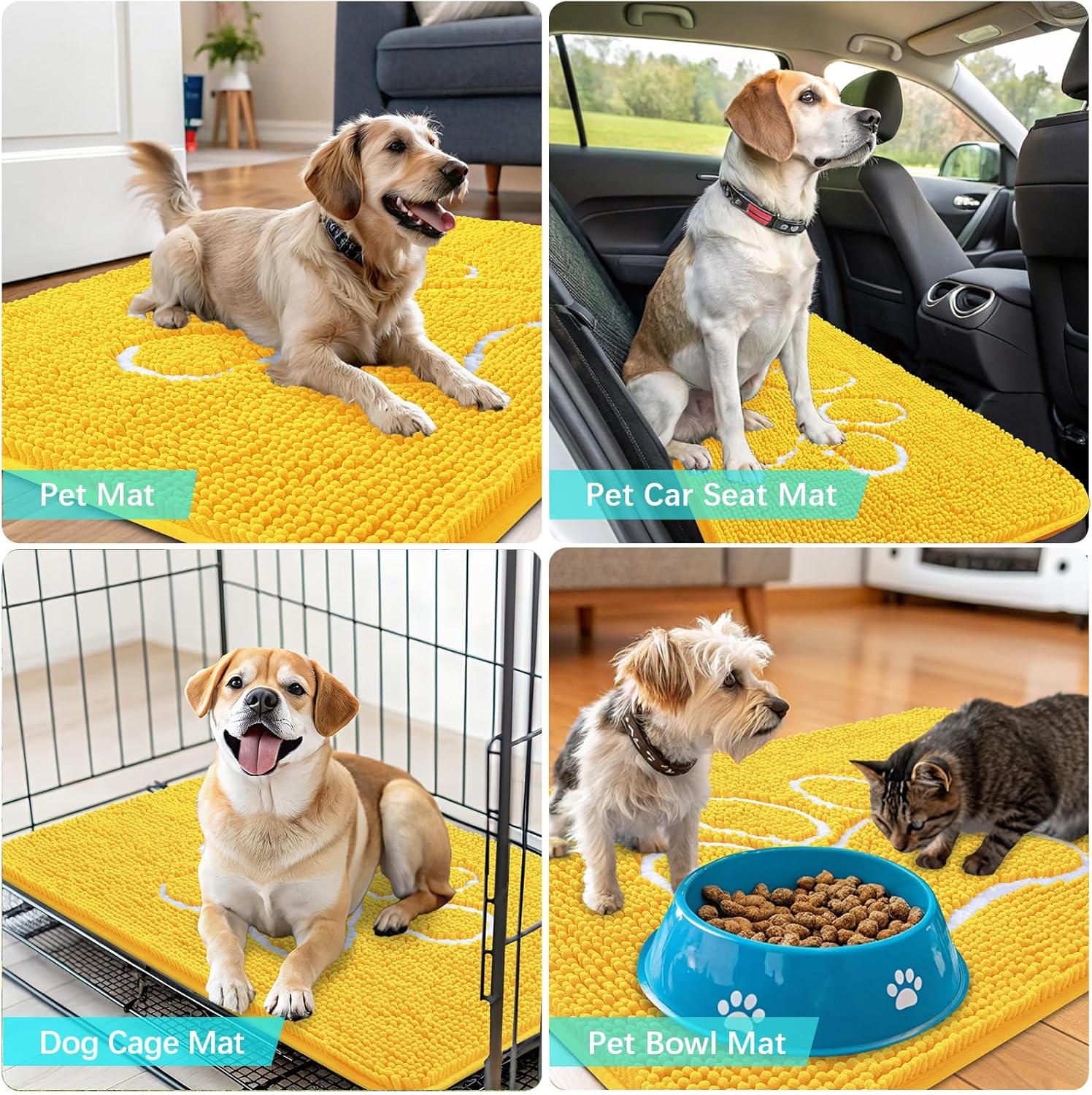 OLANLY Dog Door Mat - Absorbent Non-Slip Mud Mat for Muddy Paws | 48x30, Paw Print Design, Quick Dry Yellow