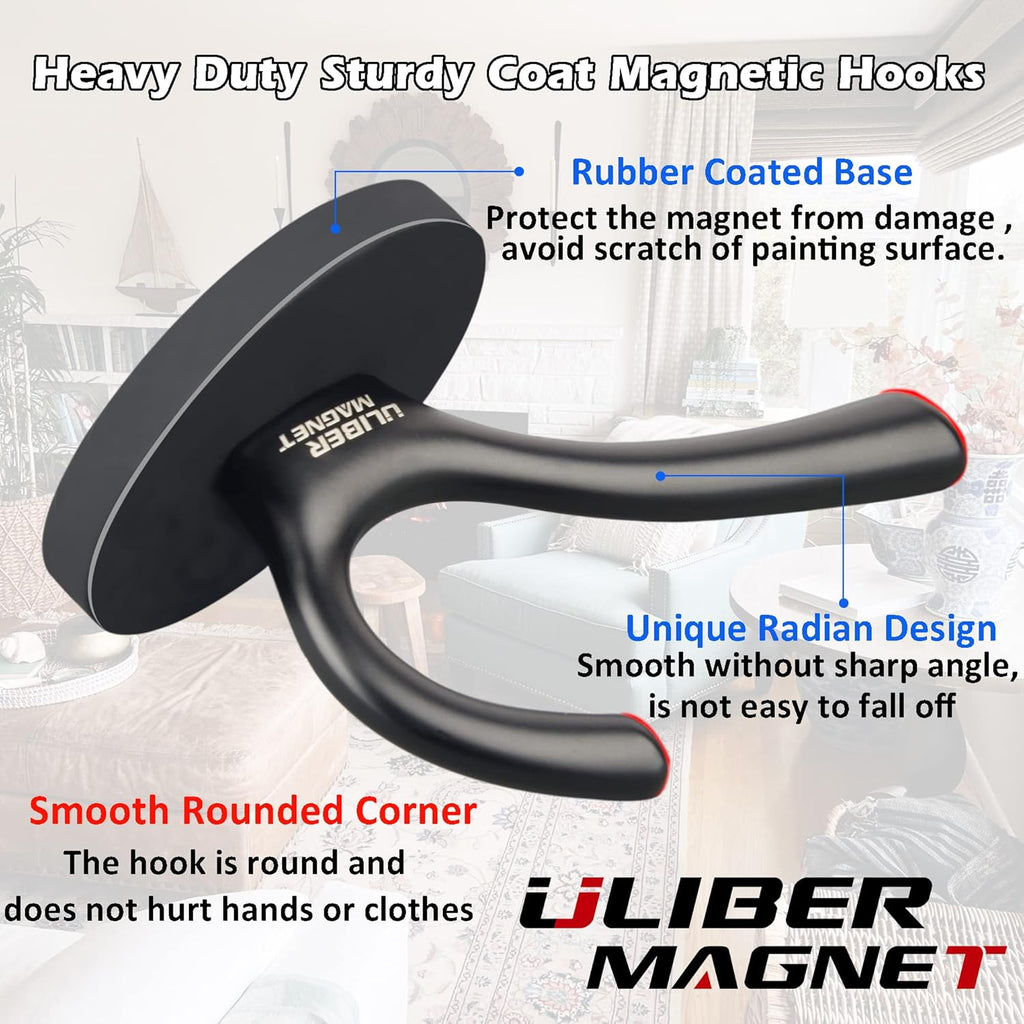ULIBERMAGNET Heavy Duty Magnetic Double Hooks - Sturdy Rubber Coated Hooks for Coats, Towels & Keys (Black)