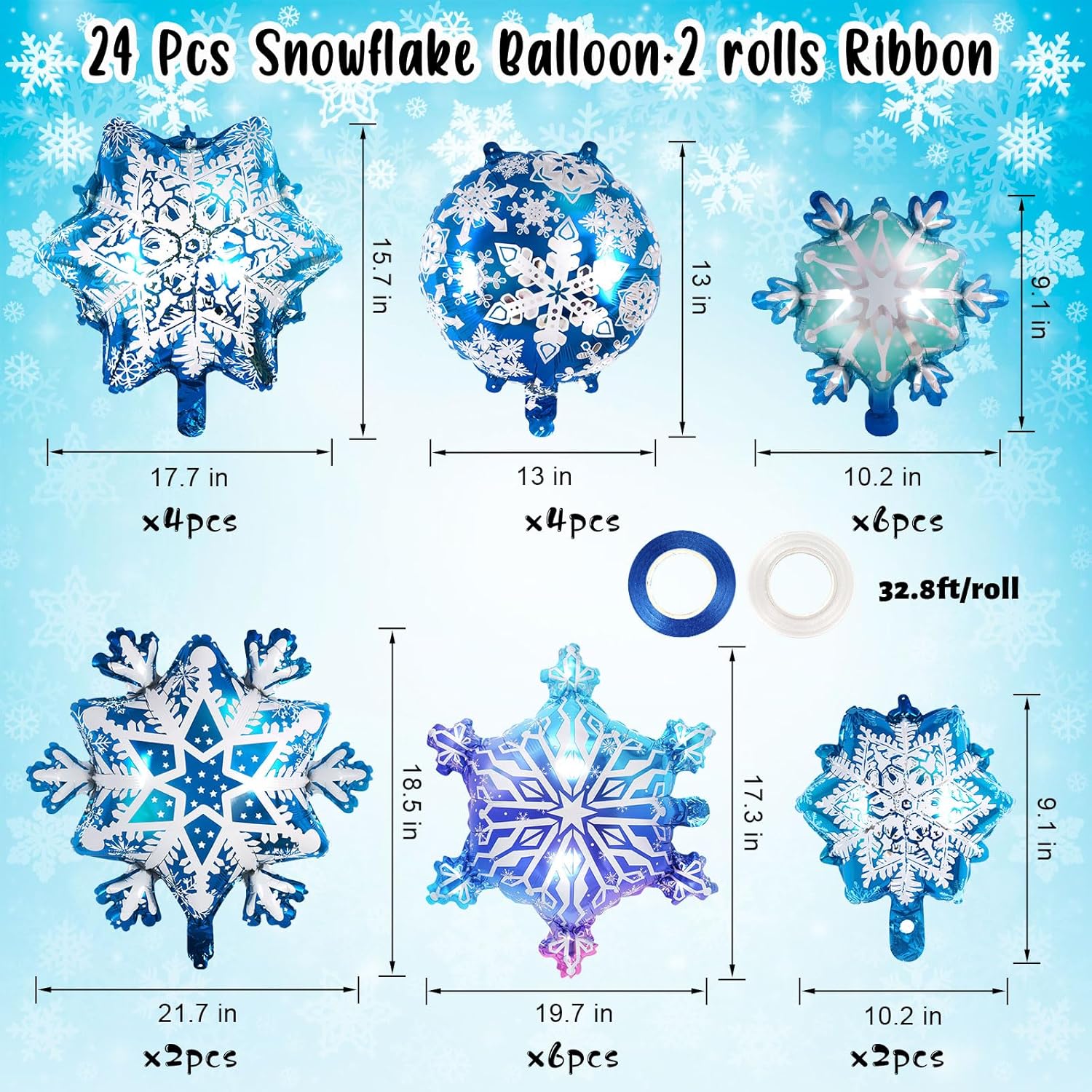 Snowflake Balloons - 24 Pcs Large Foil Balloons | Frozen Snowflake Mylar for Winter Wonderland Parties