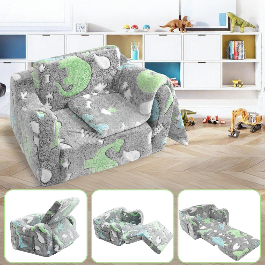 Poakkus 2-in-1 Soft Plush Toddler Couch & Chair – Fold Out Convertible Sofa to Lounger with Blanket, Glow-in-The-Dark Dinosaur Design for Boys & Girls, Playroom/Kids’ Bedroom