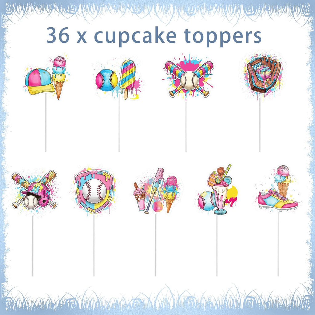 Regine Switzerland Ice Cream Drip Baseball Party Decorations - 36 Pcs Cupcake Toppers for Kids' Birthdays