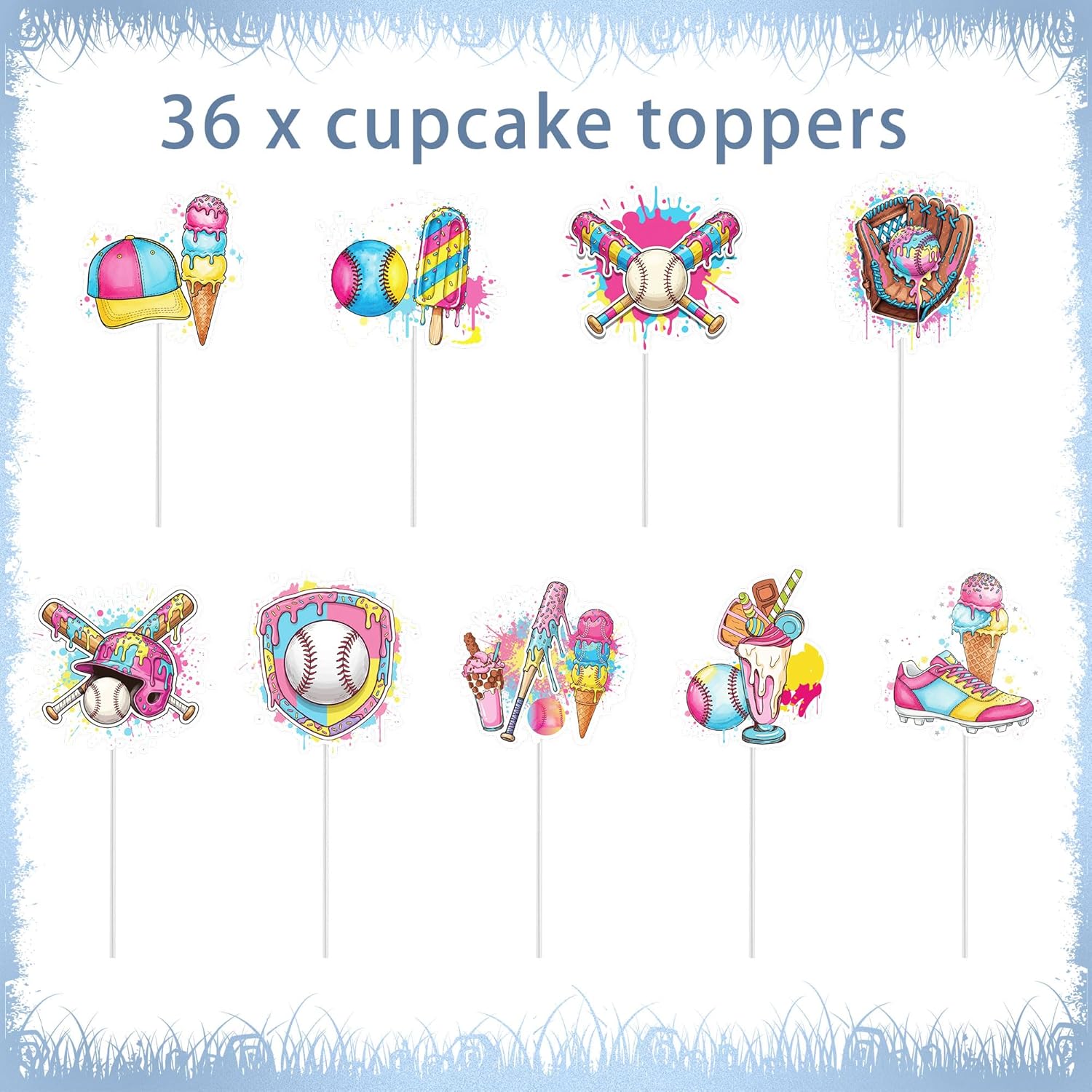 Regine Switzerland Ice Cream Drip Baseball Party Decorations - 36 Pcs Cupcake Toppers for Kids' Birthdays