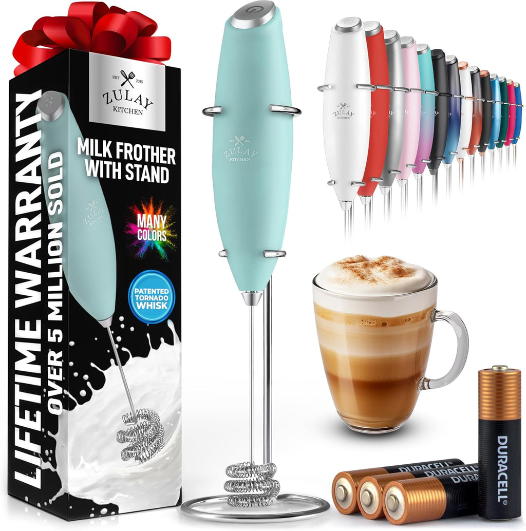 Zulay Kitchen Tornado Triple Whisk Milk Frother - Handheld Foam Maker for Coffee & Lattes | Mint Color with 4 Duracell Batteries