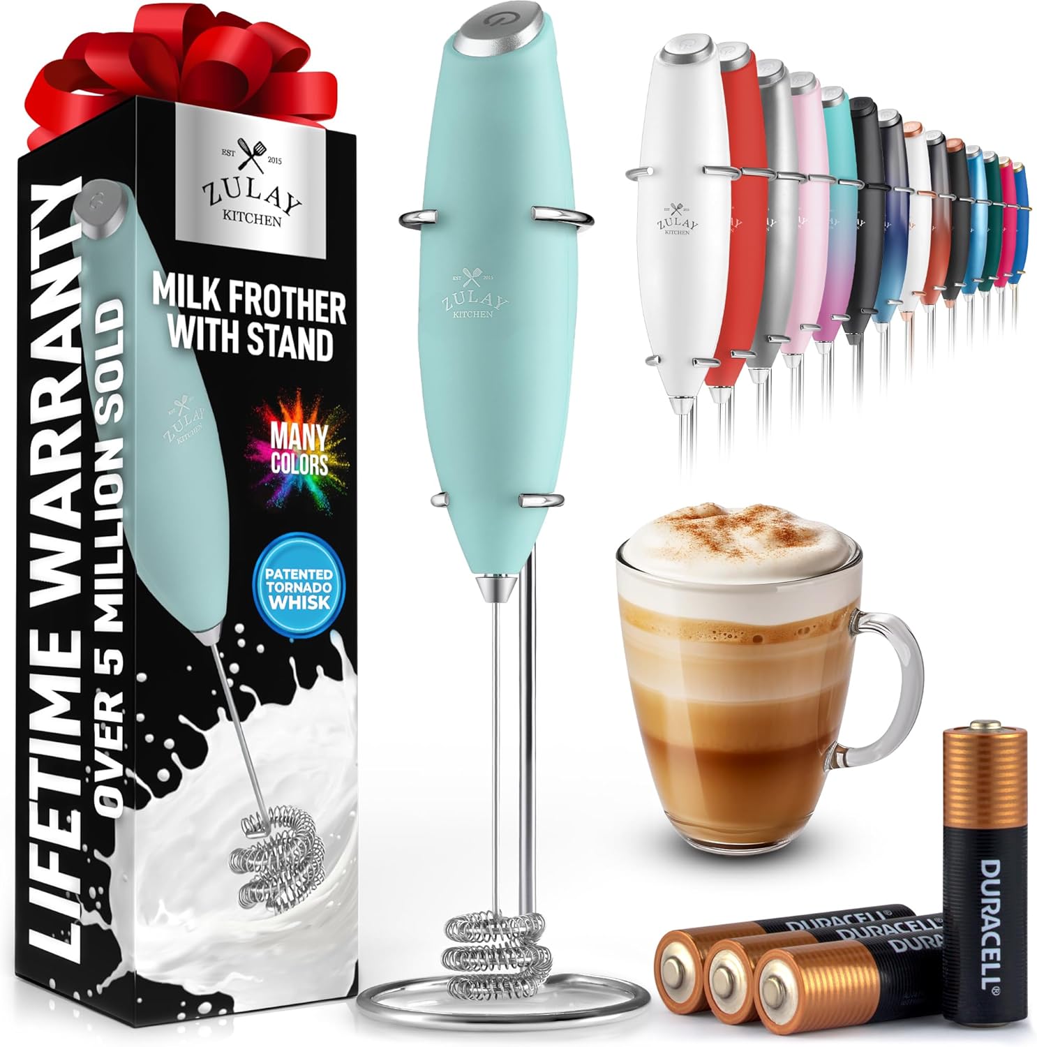 Zulay Kitchen Tornado Triple Whisk Milk Frother - Handheld Foam Maker for Coffee & Lattes | Mint Color with 4 Duracell Batteries