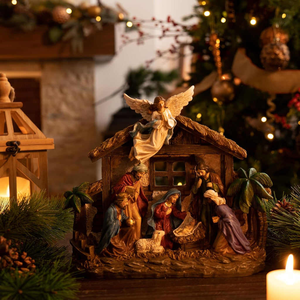 Valery Madelyn Christmas Nativity Figurines - LED Lights Holy Family Set | 10.6 Inch Resin Manger for Holiday Decor