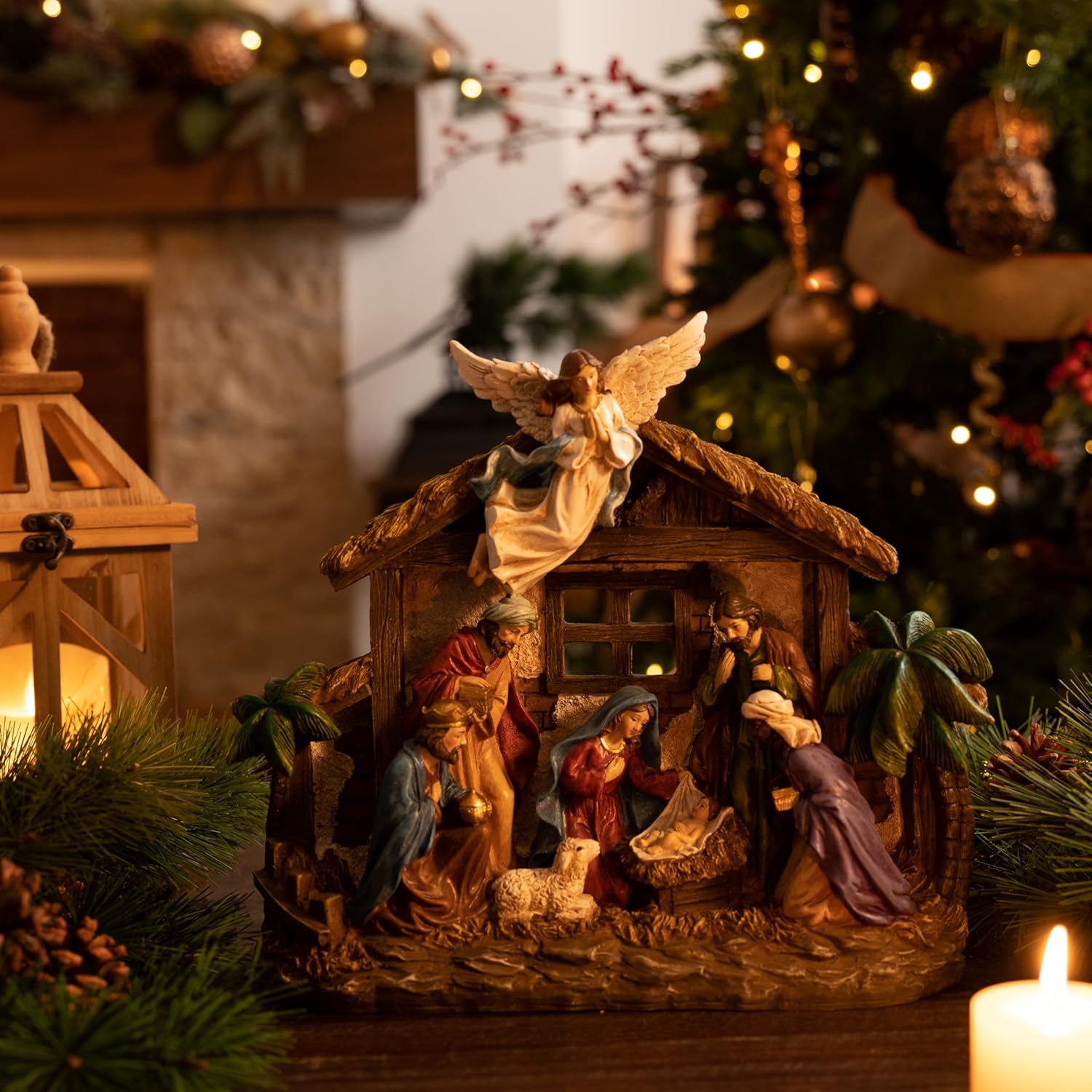 Valery Madelyn Christmas Nativity Figurines - LED Lights Holy Family Set | 10.6 Inch Resin Manger for Holiday Decor