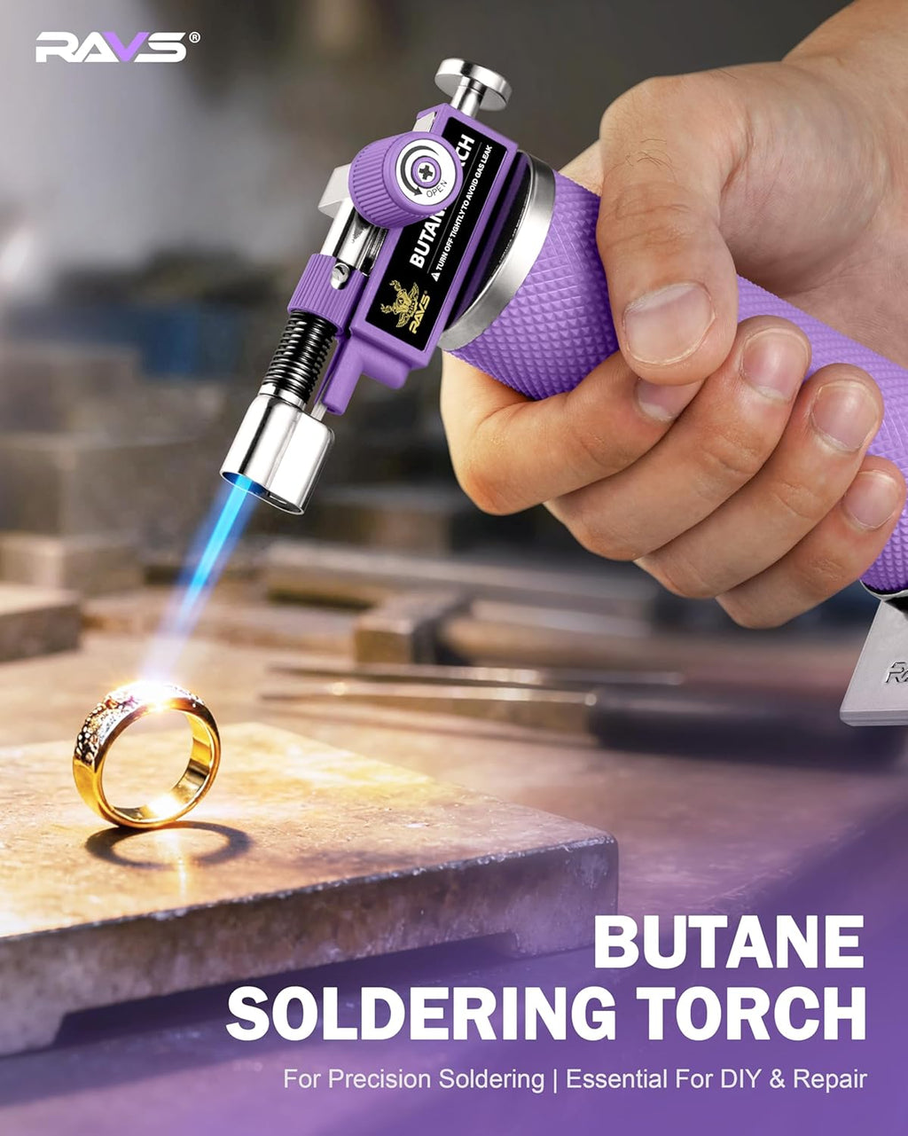 RAVS Butane Torch Lighter - Refillable Kitchen Torch with Adjustable Flame & Safety Buckle - Purple