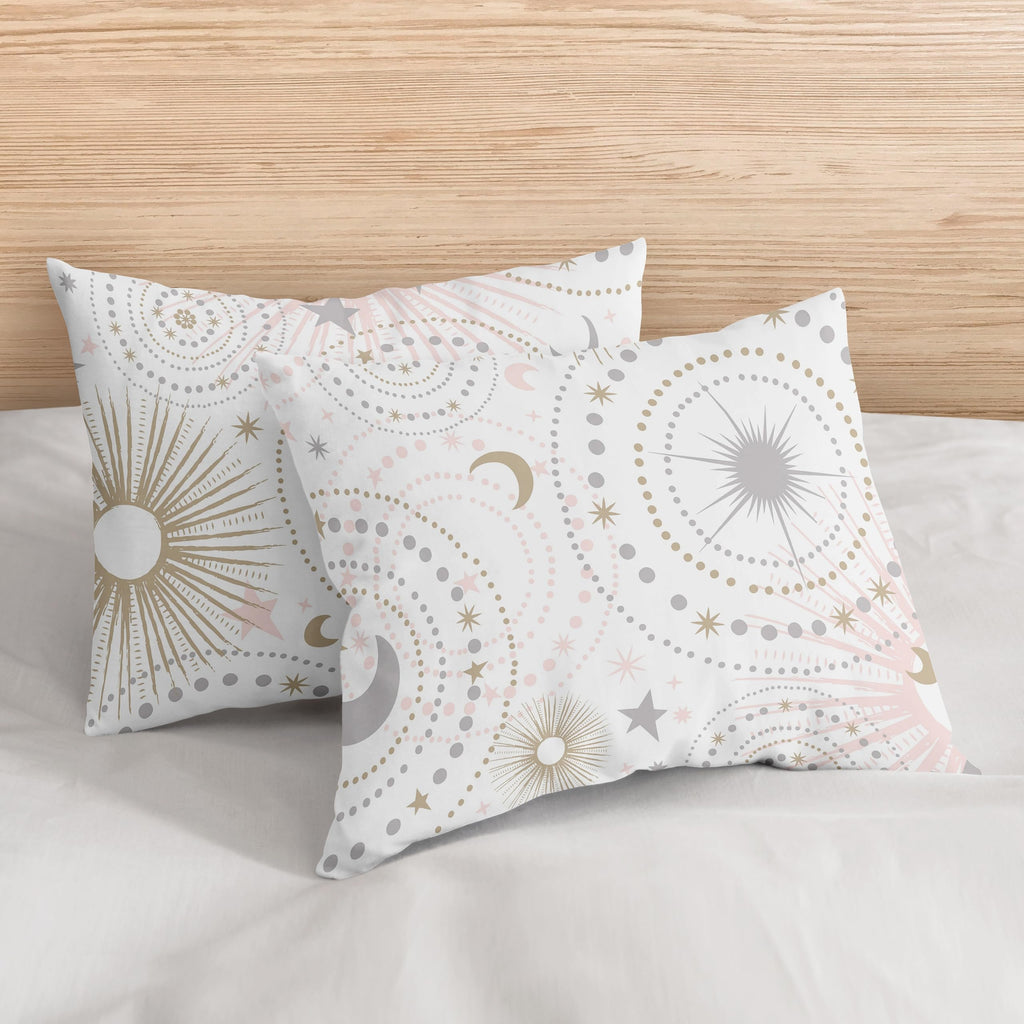 Sweet Jojo Designs Blush Pink, Gold, Grey and White Star and Moon Celestial Girl Full/Queen Kid Childrens Bedding Comforter Set 3 Pieces