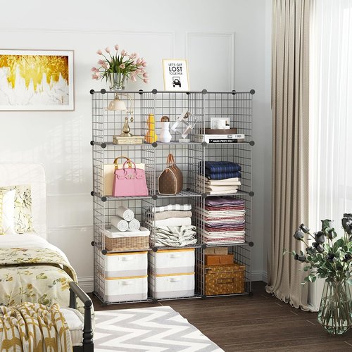 C&AHOME Wire Cube Storage - 12-Cube Organizer with Modular Metal Grids | Ideal for Home & Office, Silver Gray, 36.6”L x 12.4”W x 48.4”H
