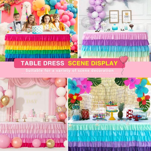 Pufogu Pink Tulle Table Skirt 6ft Tutu Ruffled Chiffon Tablecloth For Rectangle Wedding Baby Shower Girls Birthday Party and Cake Dessert Table Decorations(BrightRainbow, L6(ft), H30in)