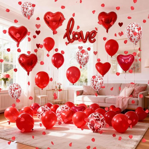 Red Heart Balloons Love Balloon Valentines Day Balloons Decorations Red Heart Shaped Confetti Latex Balloon with Rose Petals for Romantic Valentine Bridal Shower Wedding Special Night Party Decoration