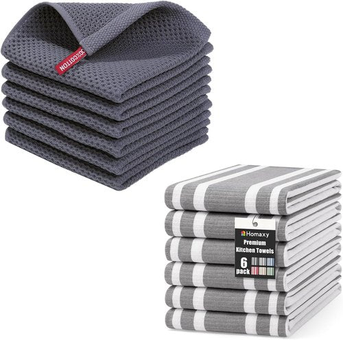 Homaxy 100% Cotton Waffle Weave Kitchen Dish Cloths & Premium Towels | 12x12 & 18x28 Inches, Grey - 6-Pack