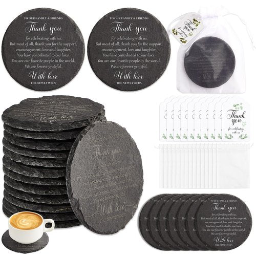 50 Packs Wedding Favors for Guests Slate Coasters Bulk Wedding Party Guest Gifts Black Stone Coaster with Thank You Tags and Organza Bags Newlyweds Bridal Shower Party Supplies Guests Souvenirs