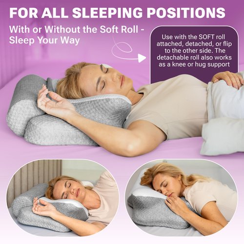 3-in-1 Orthopedic Pillow, Cervical Neck Pillow for Sleeping, Adjustable Height Memory Foam Neck Pillow and Detachable Roll, Contour Pillow for Neck Pain Relief for All Sleeping Positions (White)