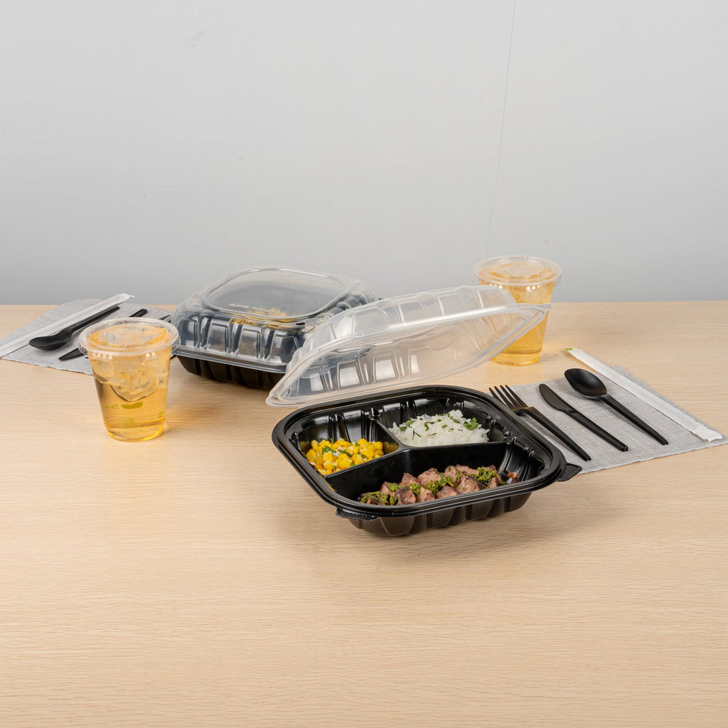 Thermo Tek 40 Ounce Clamshell Containers, 100 Disposable Take Out Boxes - 3 Compartments, Ventilated Lids, Black Plastic Meal Prep Containers, Microwavable, For Pasta Or Salads - Restaurantware