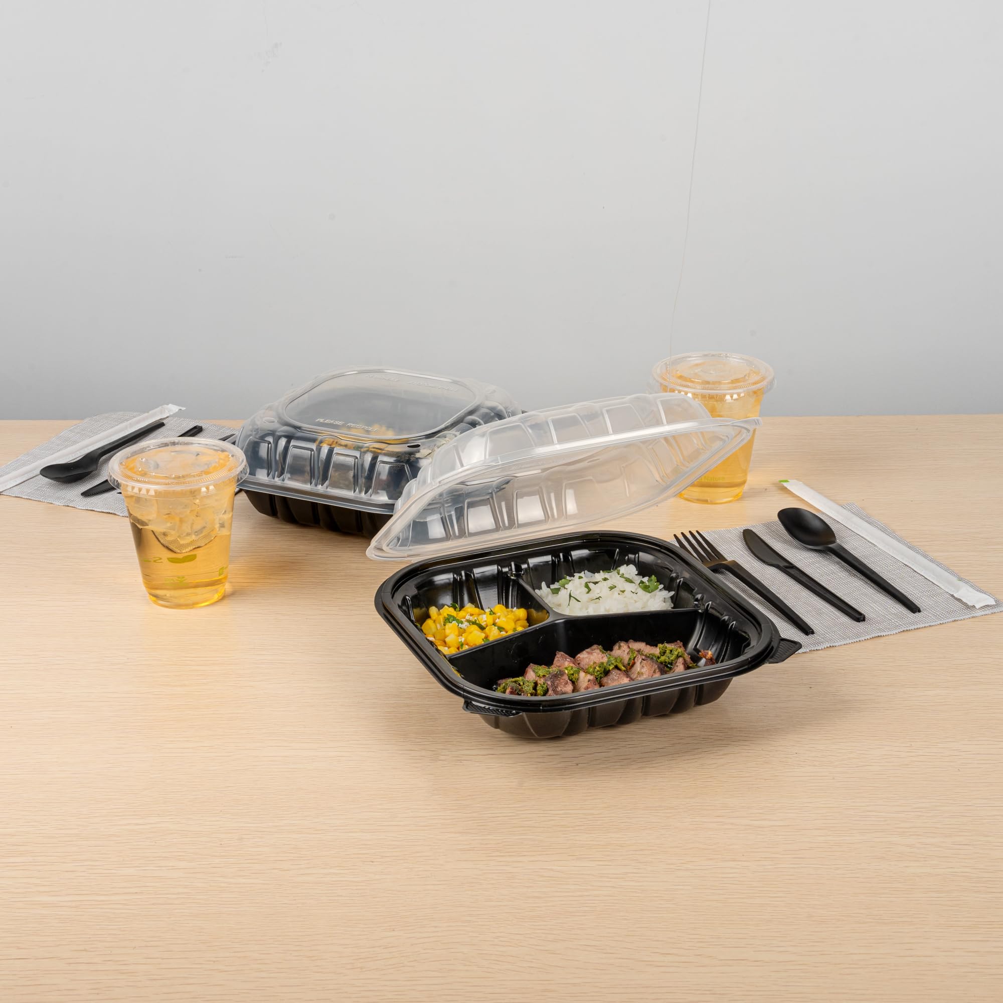 Thermo Tek 40 Ounce Clamshell Containers, 100 Disposable Take Out Boxes - 3 Compartments, Ventilated Lids, Black Plastic Meal Prep Containers, Microwavable, For Pasta Or Salads - Restaurantware