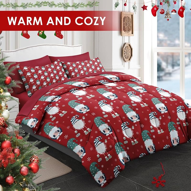 Full Christmas Comforter Set with Sheets - 7-Piece, Merry Christmas Bedding, Gnome Pattern (Variation: Christmas Gnome)