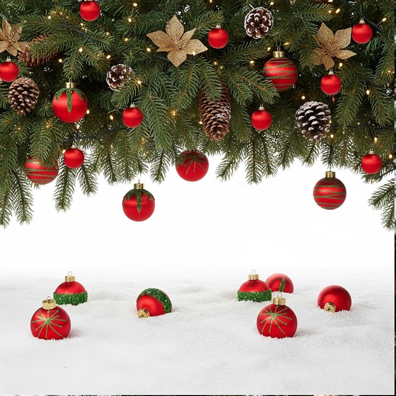 Poen 24-Piece Red & Green Christmas Ornaments Set - Satin Silk Finish, 3 Sizes (1.6/2.4/3.2 in) - Includes Hanging Ropes