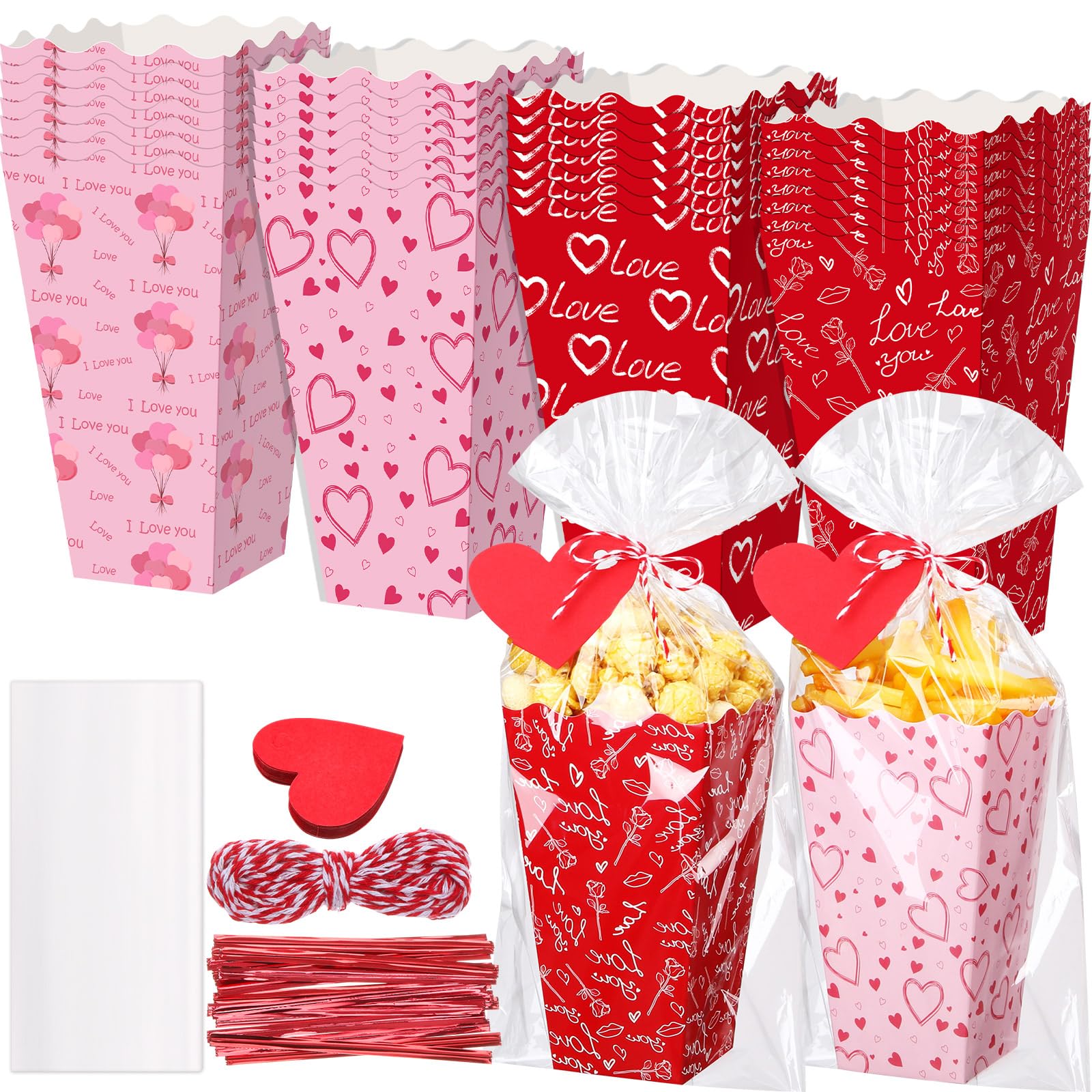 Gueevin 144 Pcs 48 Set Valentine's Day Popcorn Boxes Valentines Party Favor, Valentines Popcorn Boxes Red Pink Heart Cookie Gift Bucket with Bags, Ribbon and Card for Valentine Galentine Home Movie