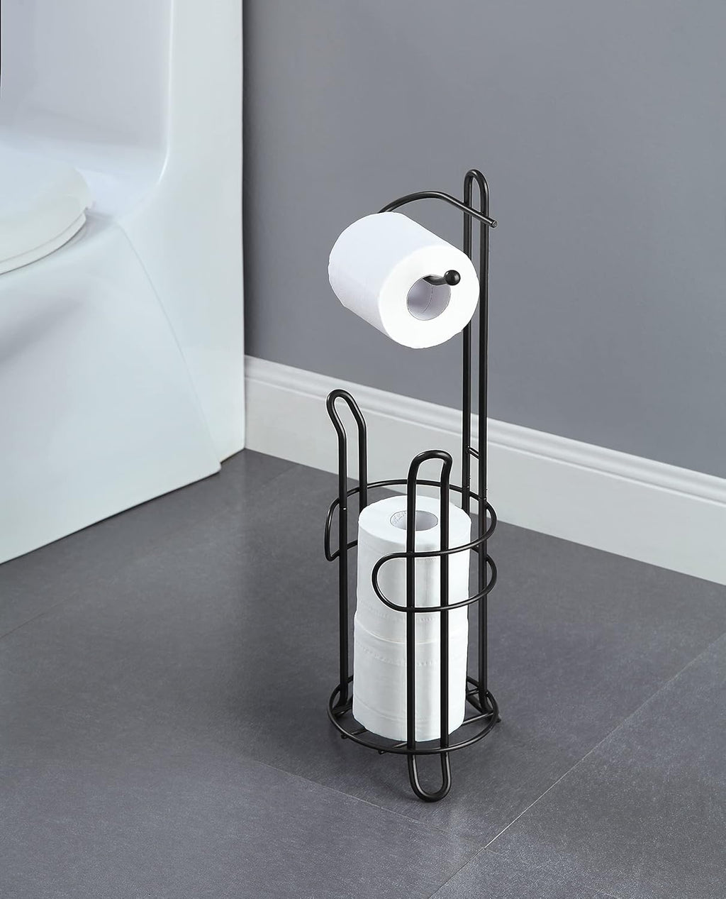 SunnyPoint Freestanding Toilet Paper Holder - Heavy-Duty Steel, Holds 3 Spare Rolls, Black Finish