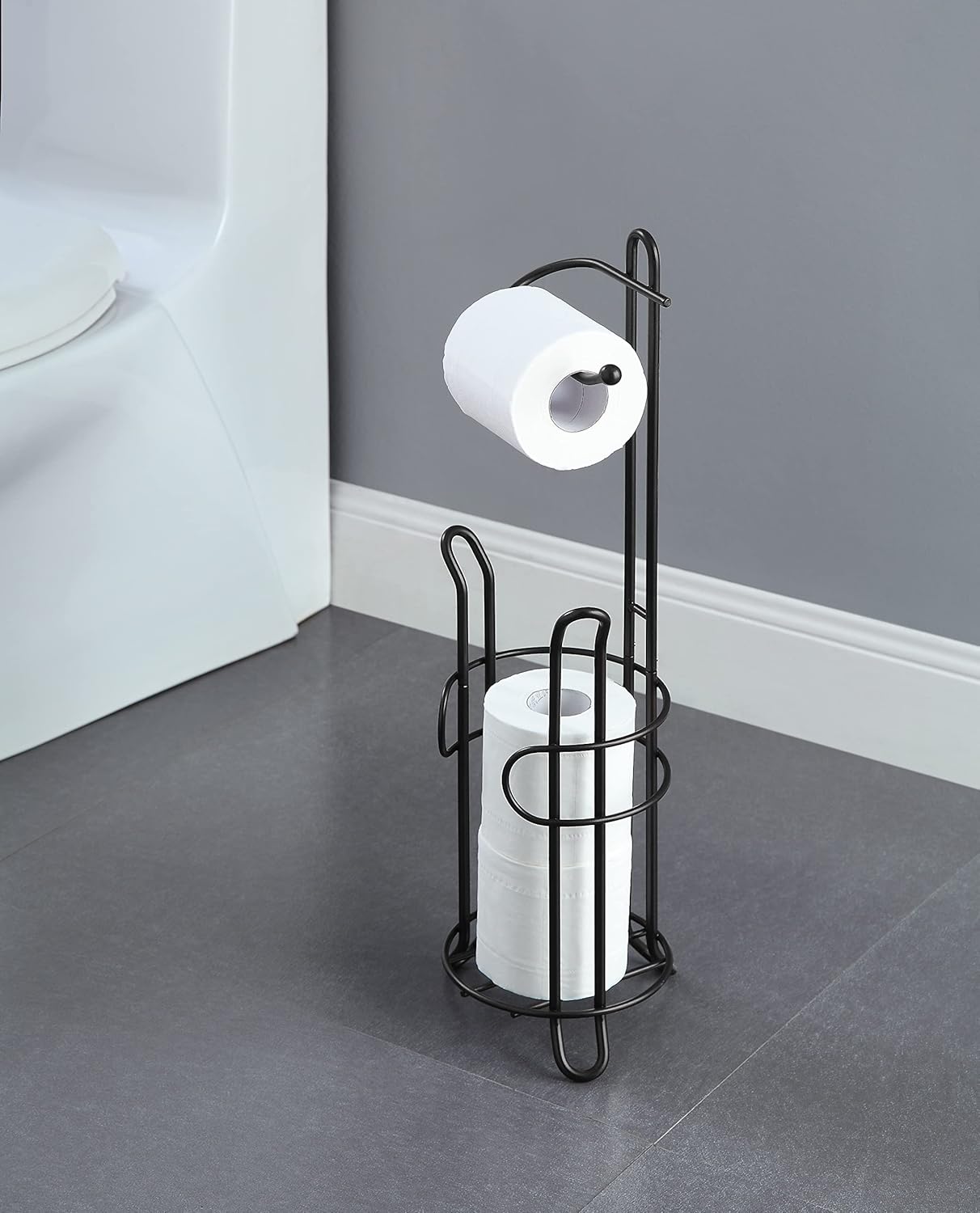 SunnyPoint Freestanding Toilet Paper Holder - Heavy-Duty Steel, Holds 3 Spare Rolls, Black Finish