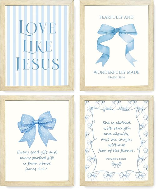 LARTSFRO Coquette Blue Bow Wall Art Decor - Inspirational Bible Verses | Set of 4, 10x8 Inch Pictures for Teen Girls' Rooms