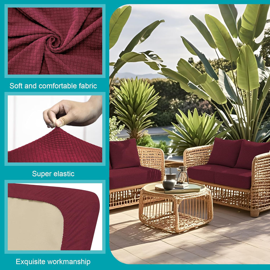 Skiennix 14-Piece Stretch Patio Cushion Covers - Washable Outdoor Sofa Slipcovers in Wine Red