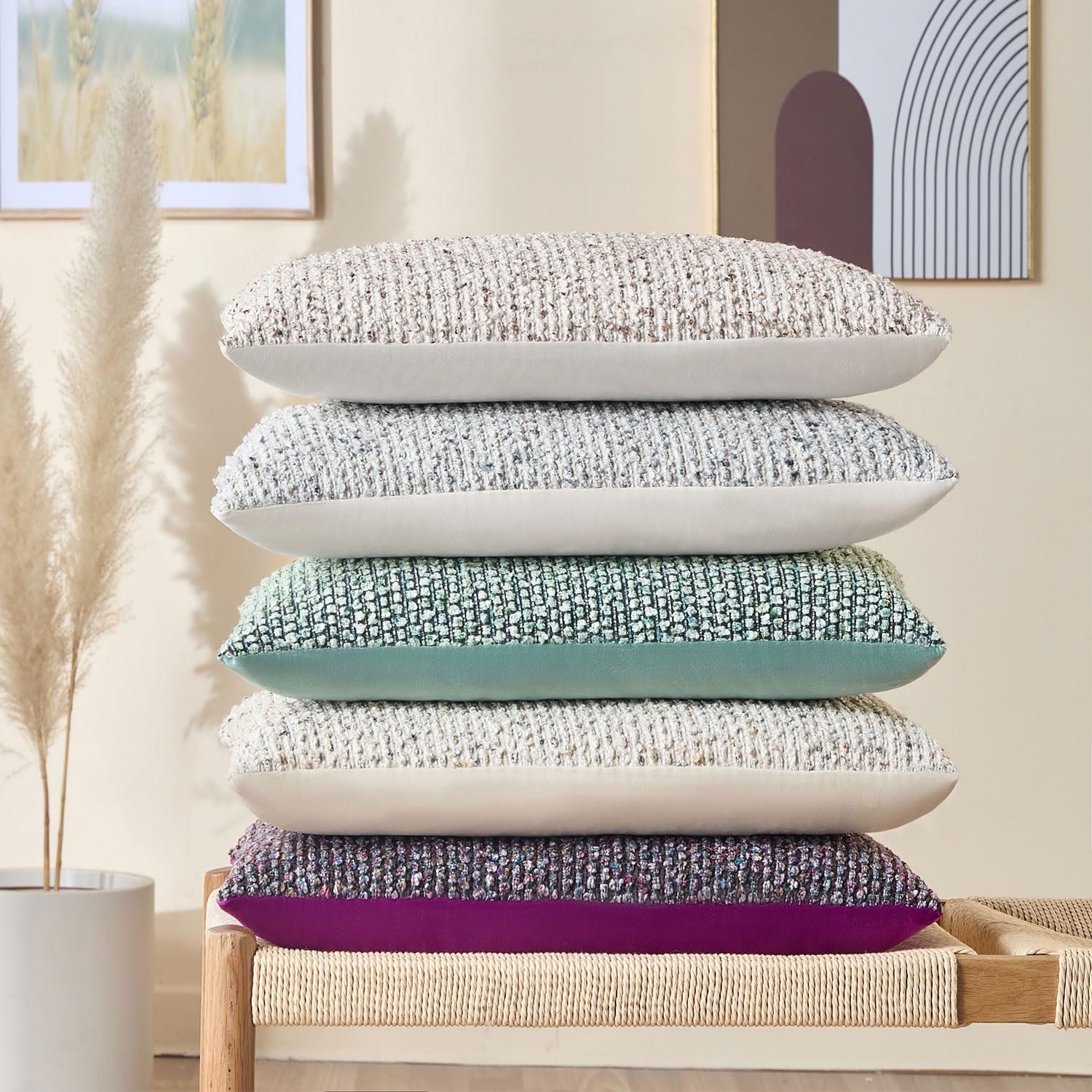Allorry Decorative Lumbar Pillow Cover 12x20 Blue Striped Soft Wool Lumbar Throw Pillow Neutral Textured Boho Cushion Covers for Modern Farmhouse Sofa Bedroom Living Room Decor SY011-C12
