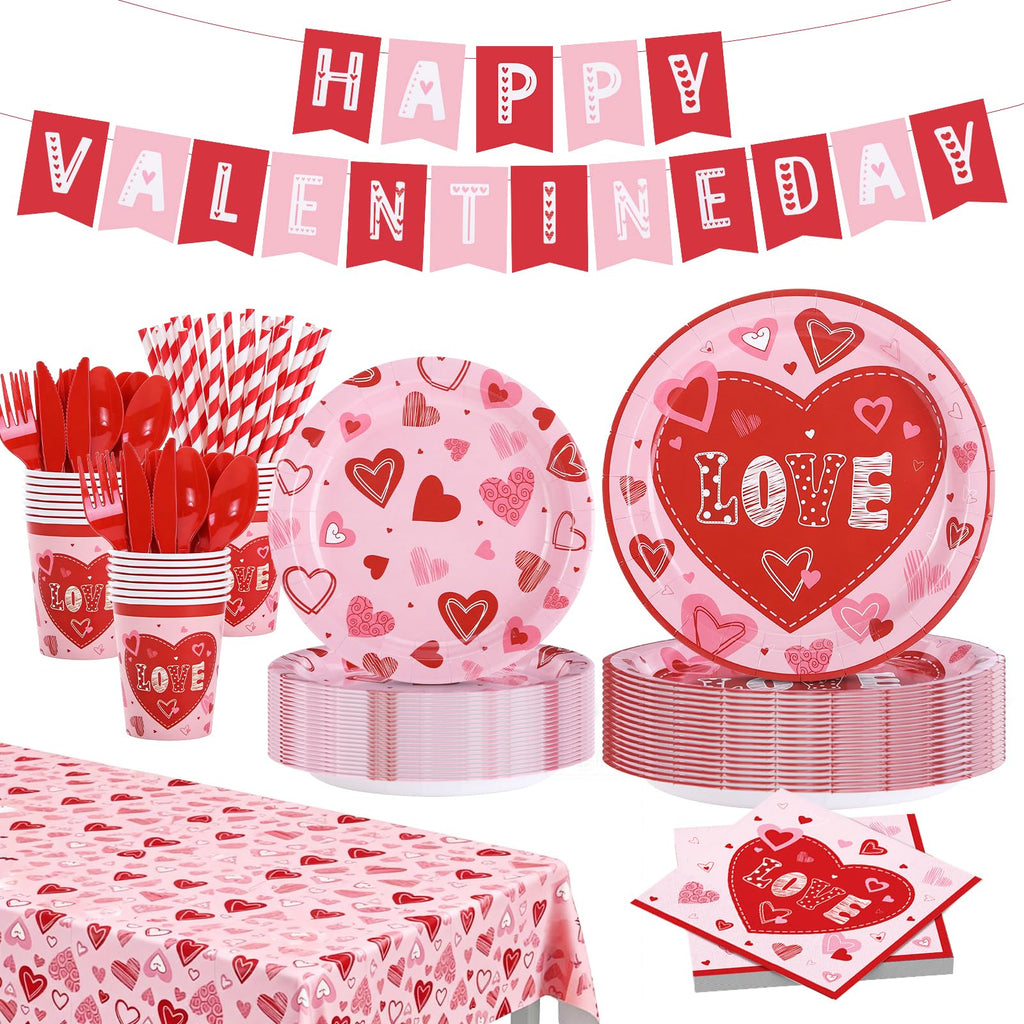 Valentine's Day Party Decorations Plates Red Heart themed Disposable Plate with Cups Banner Tablecloth,Serves 24