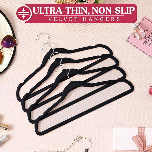 LDC Black Velvet Hangers - Premium Non-Slip Felt Clothes Hangers | 30 Pack with 360° Swivel Hook - Black