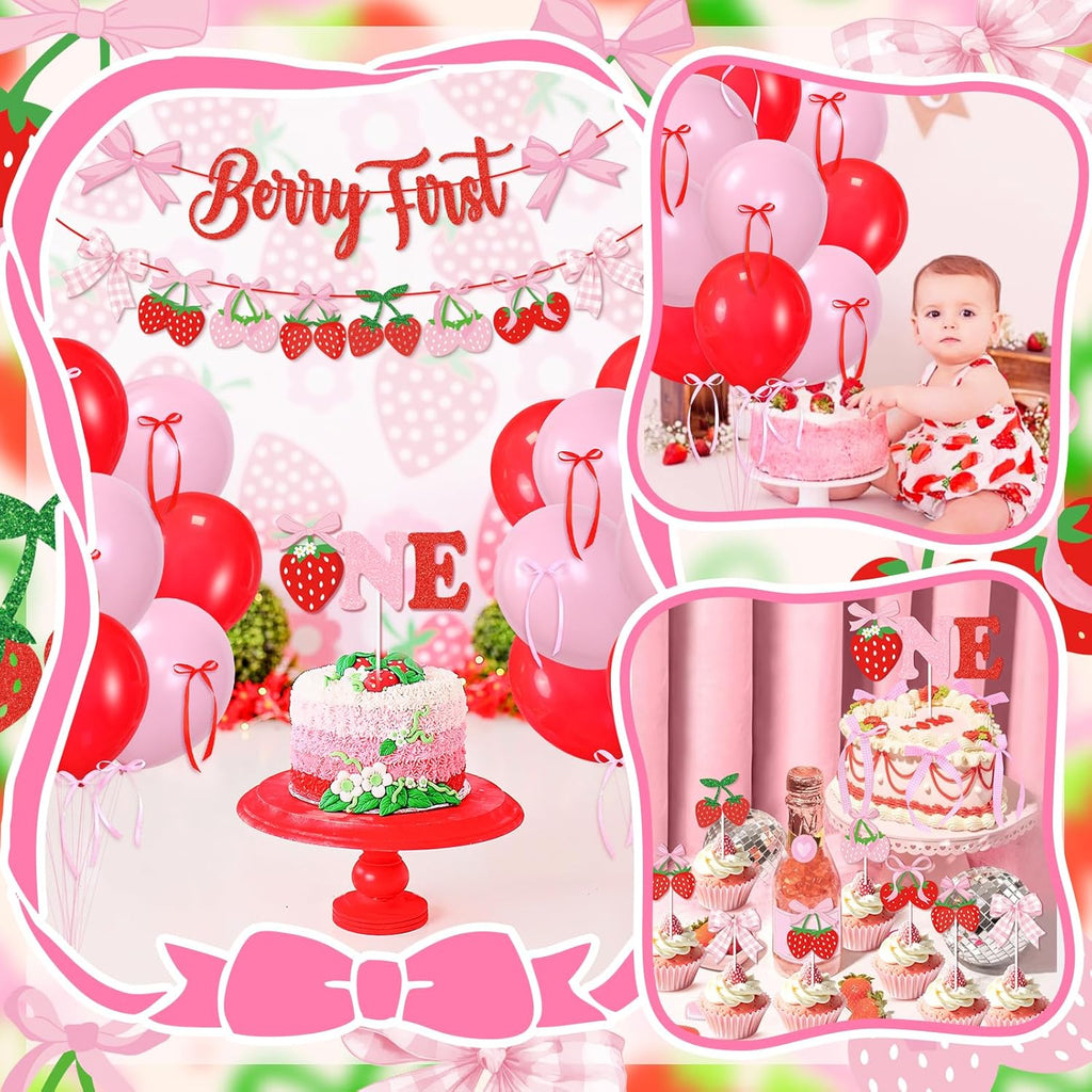 Skiennix Pink Bow Strawberry First Birthday Party Decor - Glitter Berry Banner & Cake Topper Set
