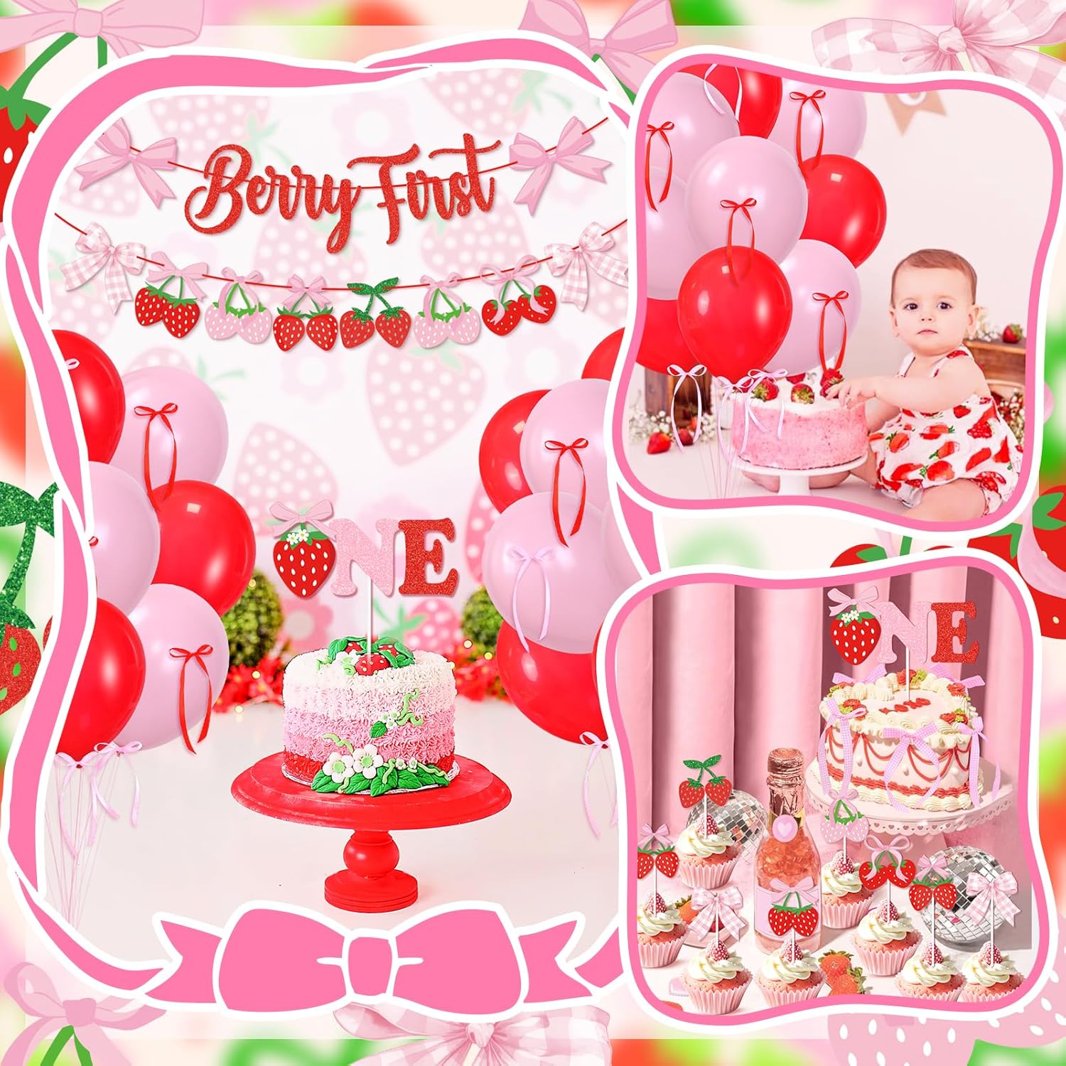Skiennix Pink Bow Strawberry First Birthday Party Decor - Glitter Berry Banner & Cake Topper Set