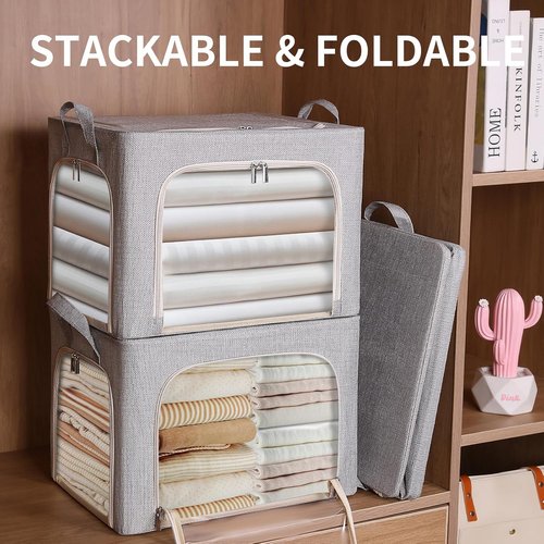 Combocube Clothes Storage Bins - Stackable & Foldable with Zippered Openings | 3-Pack Linen Fabric with Clear Window